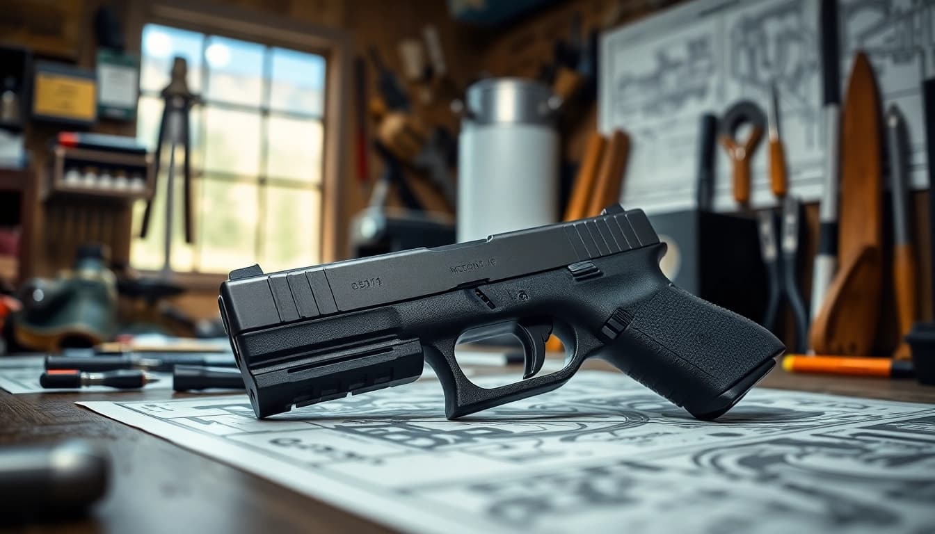 Buy Glock 19 slide showcased in a detailed professional setting with tools and blueprints.