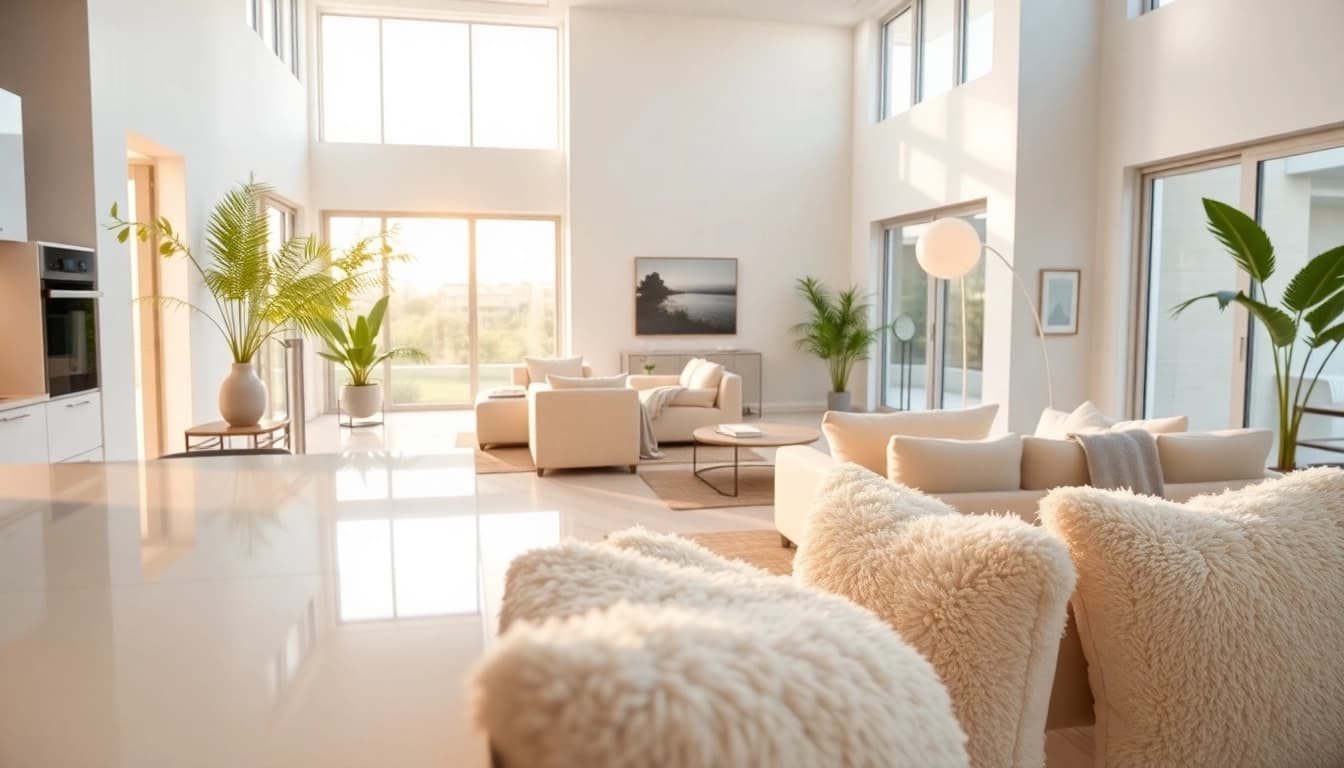 Villa Deep Cleaning Services Dubai featuring a bright, clean living room and kitchen space.