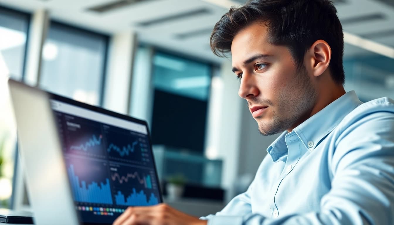 フォロワー購入のためにデータ分析を行うデジタルマーケターの強い表情。