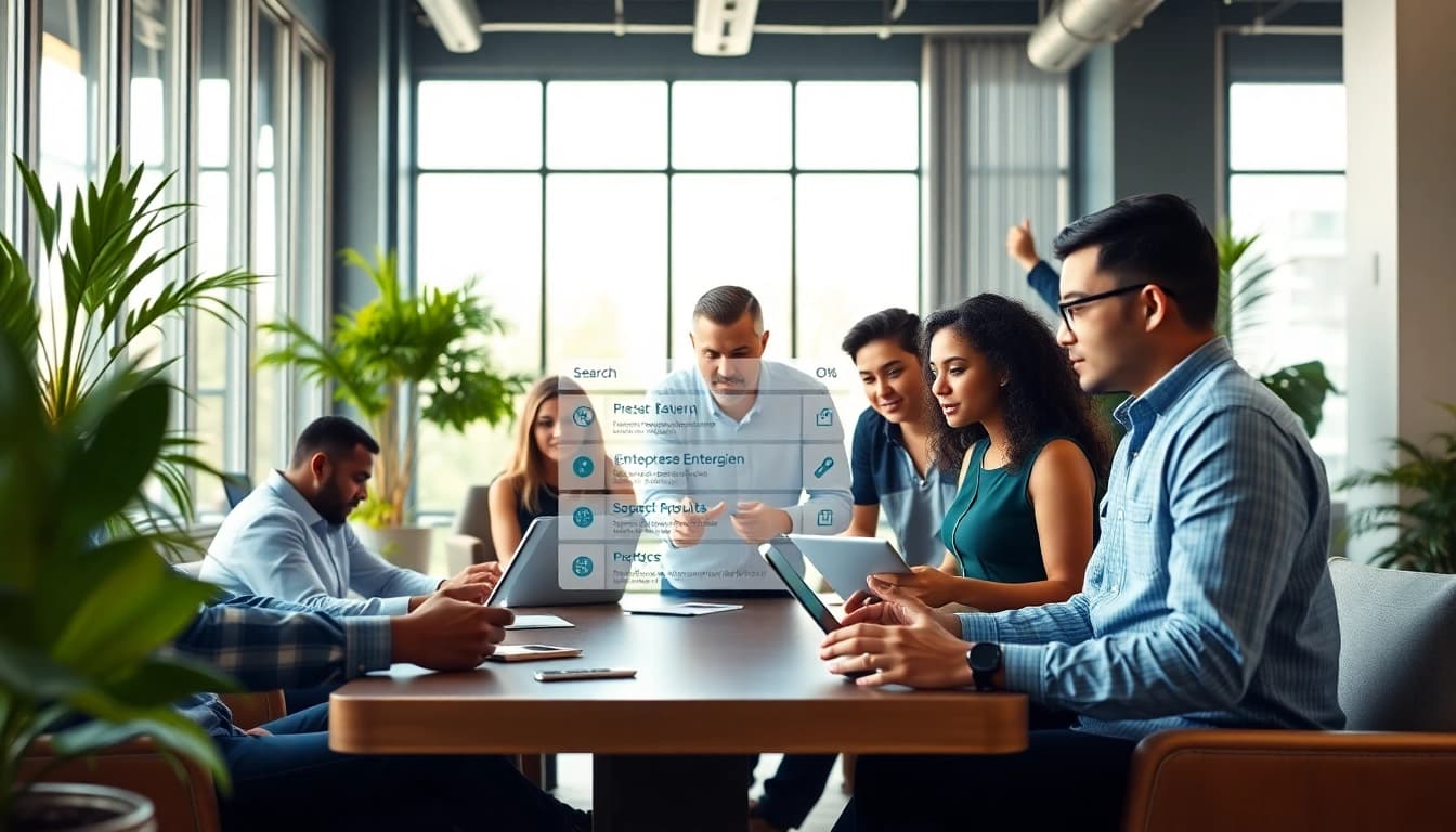 Team collaborating around an interactive display of an enterprise search engine for effective search solutions.