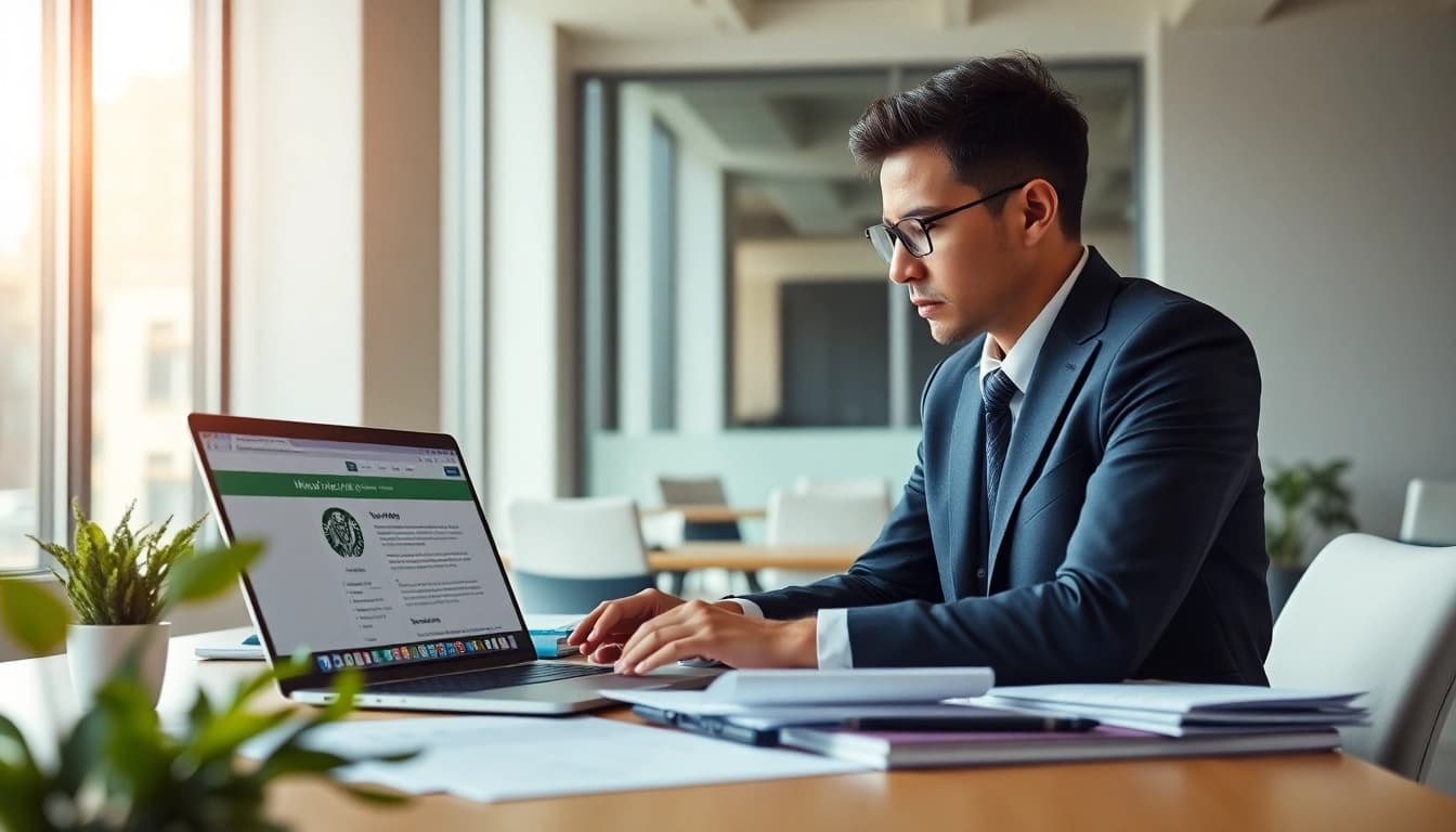 Engaging scene of US tax filing process showing an accountant analyzing tax documents.