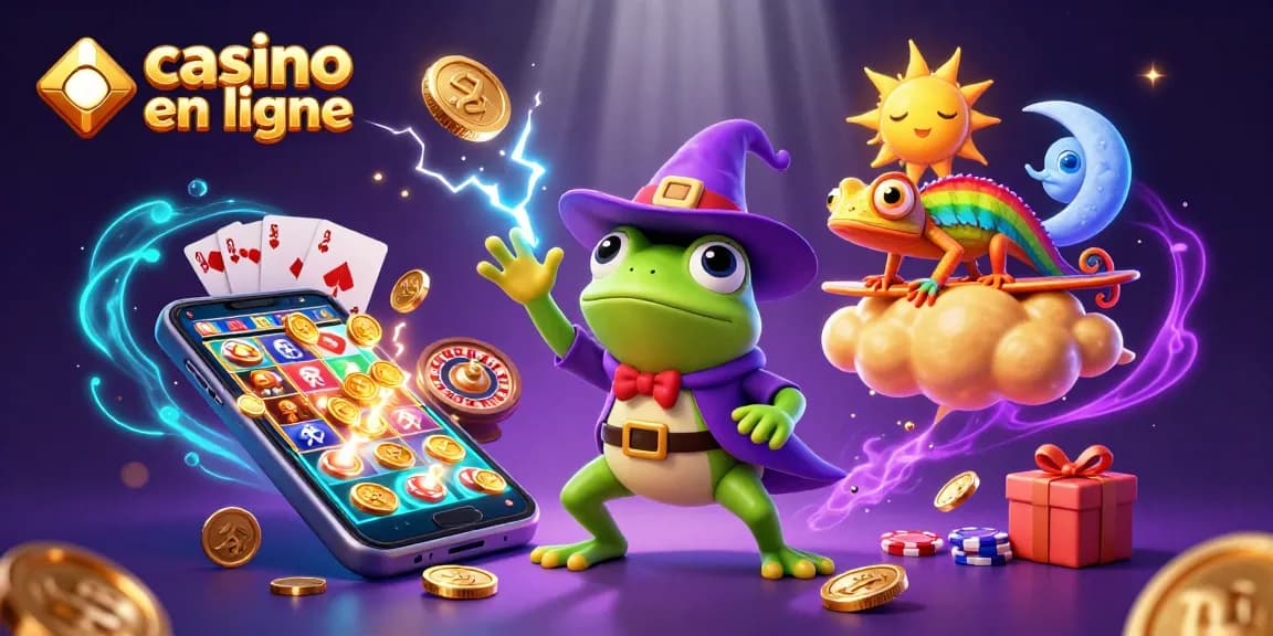 Des joueurs découvrent le casino en ligne avec un frog magicien et des pièces d'or scintillantes.
