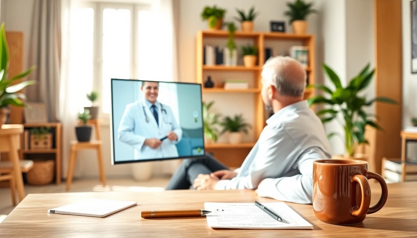 Engage in an online doctor visit pay per visit from your own home, showcasing a comfortable consultation setup.