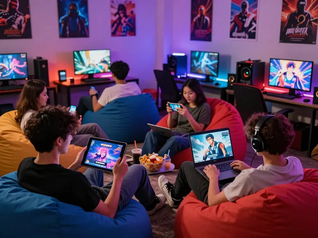Friends enjoying free porn game and mobile hentai game in a vibrant gaming lounge.