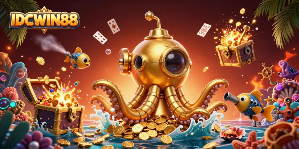 Engage in winning strategies with IDCWIN88, a 3D animated illustration featuring a golden kraken and treasures.