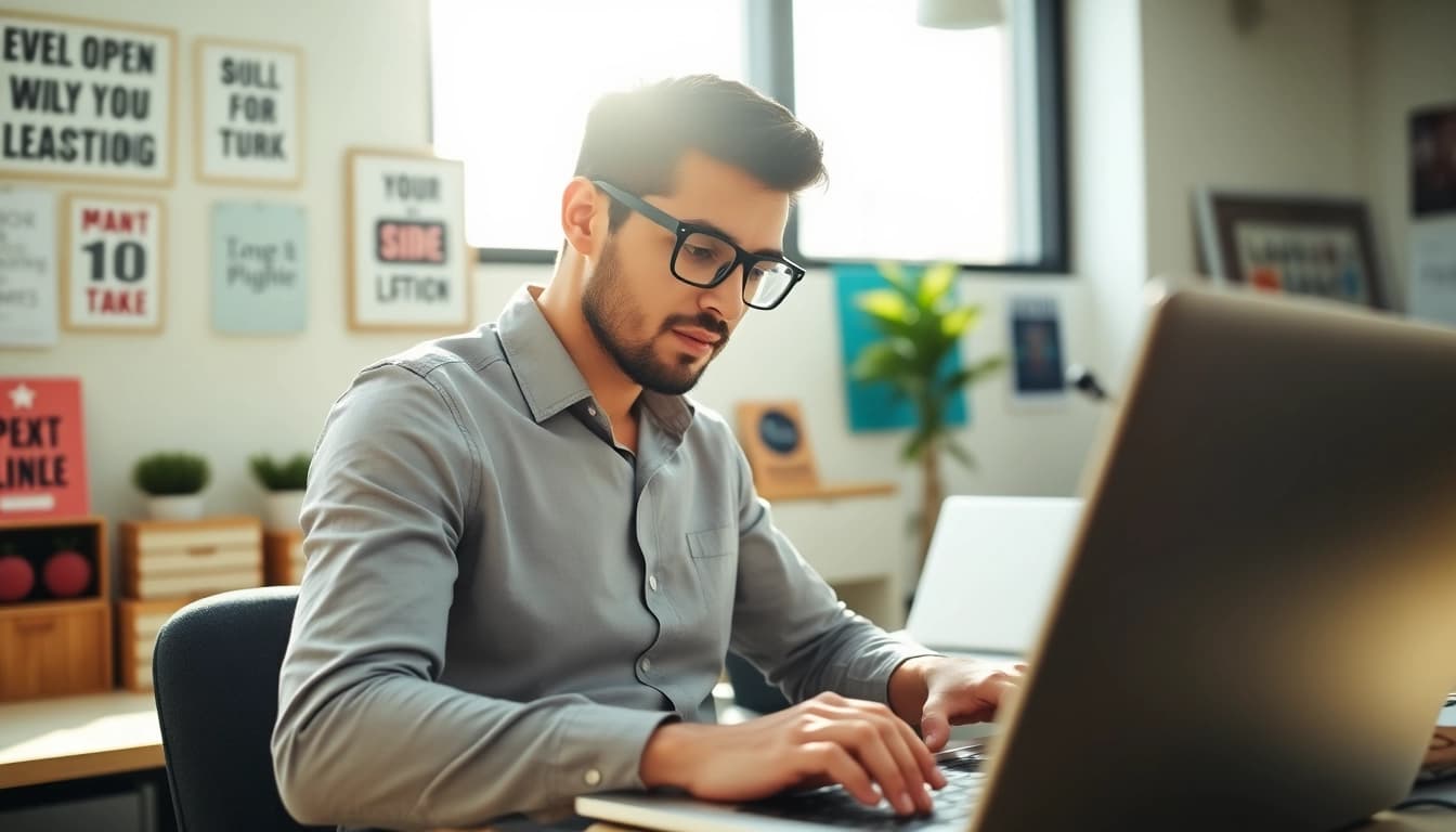 Efficiently scrape linkedin search results while working in a modern office.