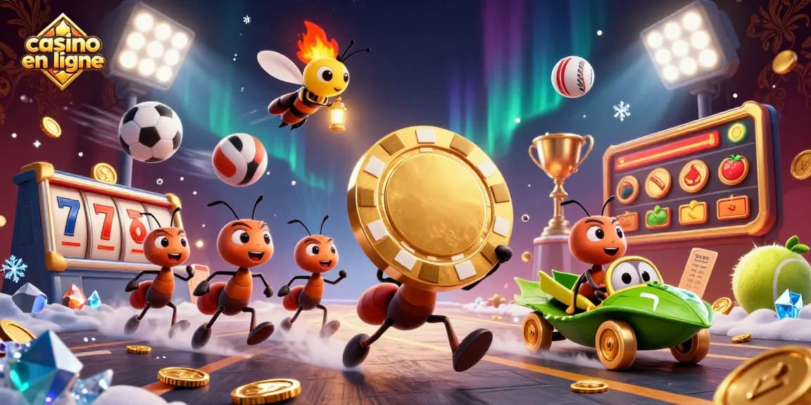 Les fourmis en heist portant un jeton de poker géant dans un tunnel pour casino en ligne.
