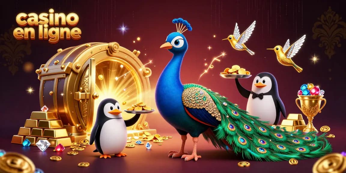Jouer dans un casino en ligne flamboyant avec un paon, un pingouin serveur, et un colibri, entourés de trésors.