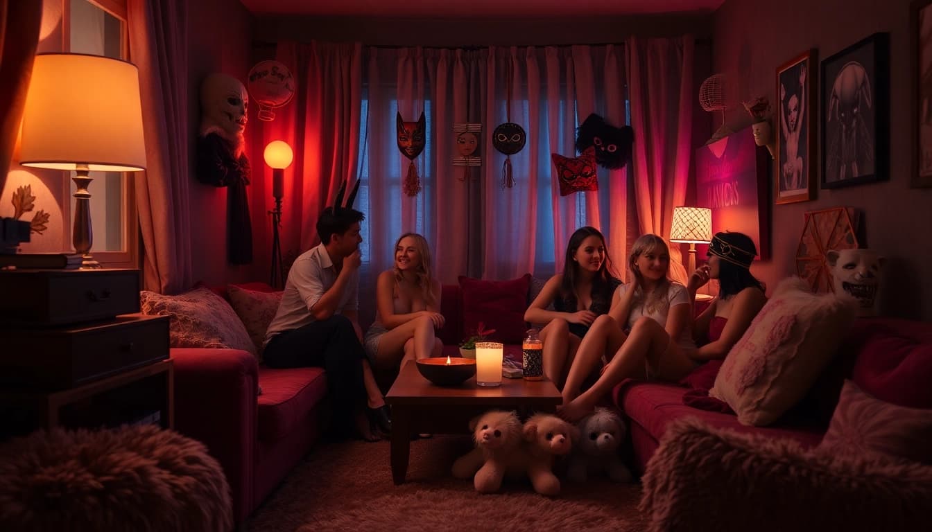 Engage in immersive nsfw roleplay with characters in a cozy, inviting room.
