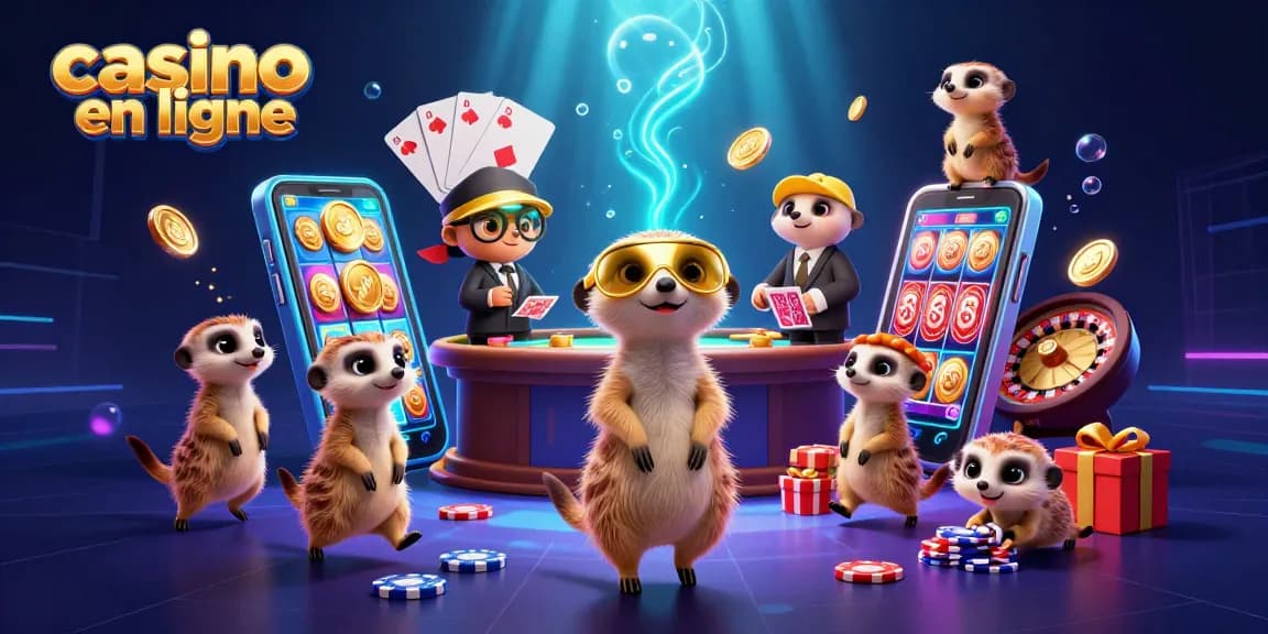 Jouez dans un casino en ligne avec cette illustration amusante de suricates et des jeux de hasard.