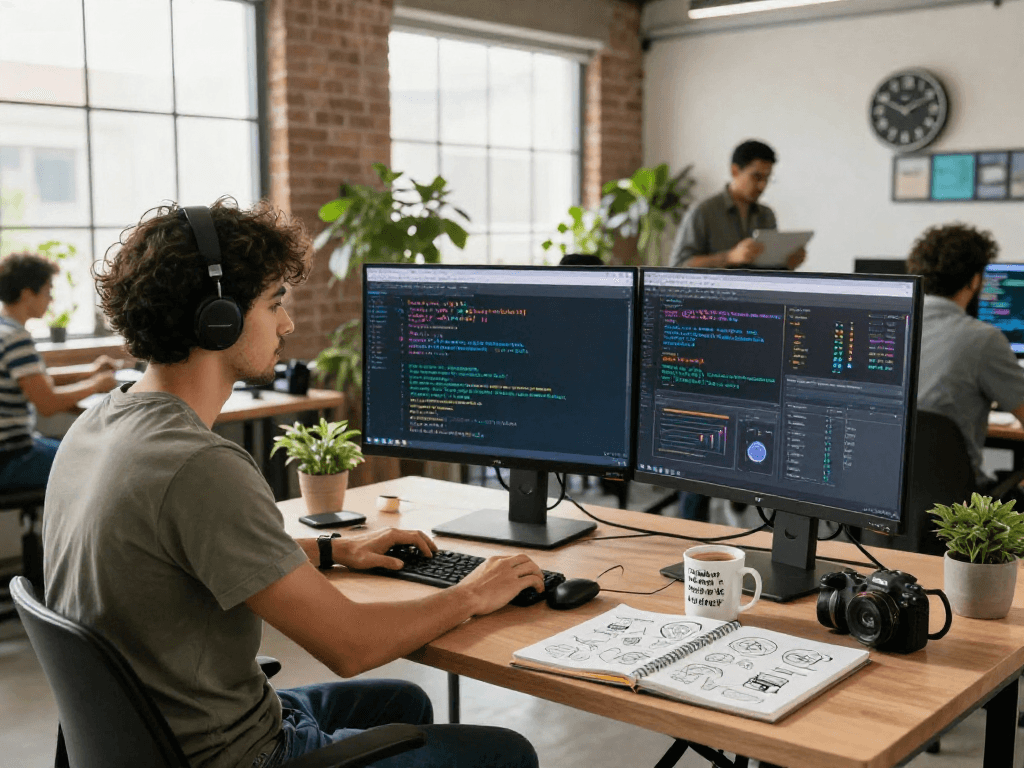 Data scientist analyzing AI algorithms in vibrant tech workspace, highlighting crushon ai innovation.
