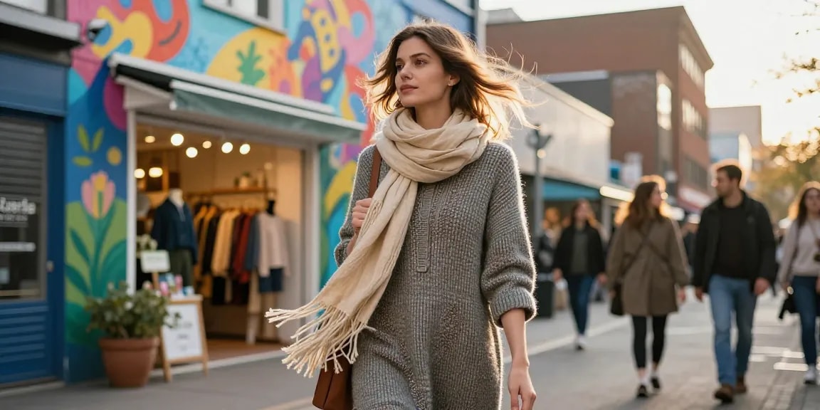 Woman in a handcrafted merino wool dress in an urban setting, showcasing sustainable fashion style.
