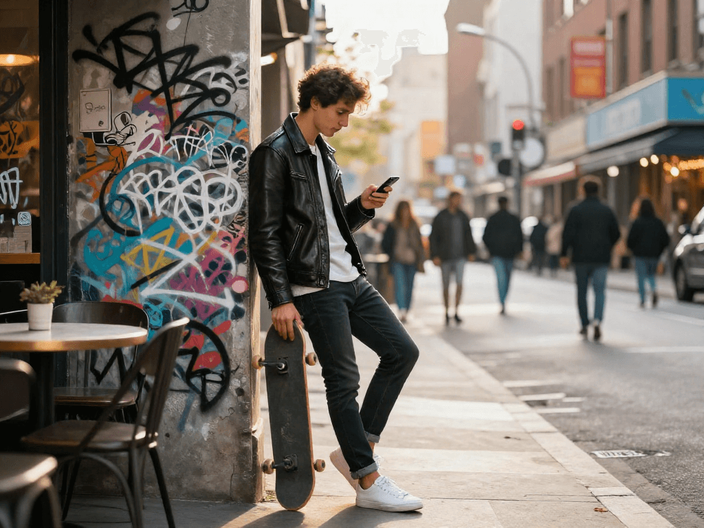 Stylish young man wearing a men's leather jacket against a graffiti wall in a vibrant urban setting.