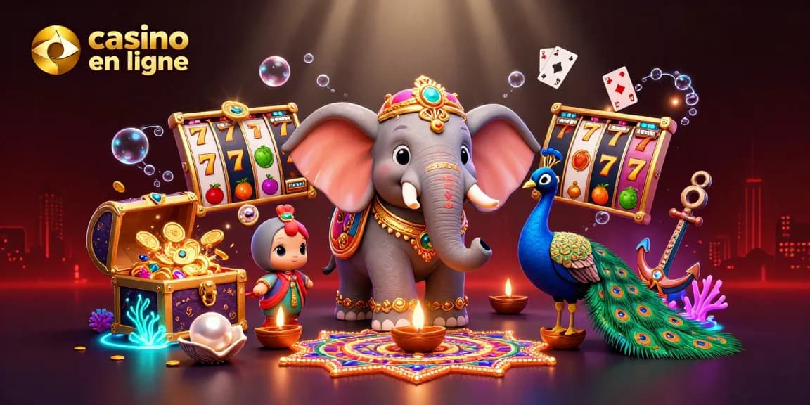 Un éléphant coloré aux décorations dorées joue au casino en ligne, entouré d'éléments de jeu dynamiques.
