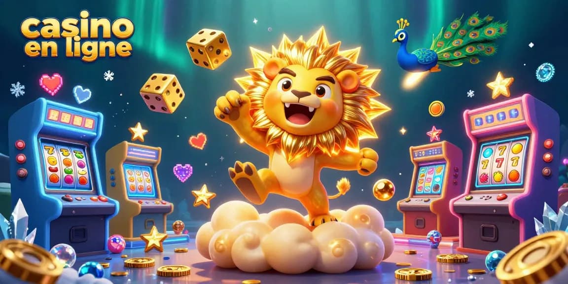 Explorez le casino en ligne avec un lion en 3D et des éléments de jeu colorés dans un environnement dynamique.