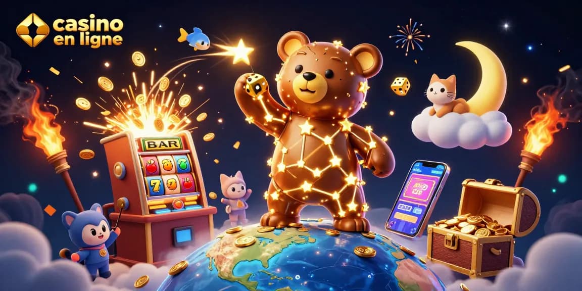 Plongez dans le monde du casino en ligne avec cette illustration dynamique pleine de jeux et de gagnants.