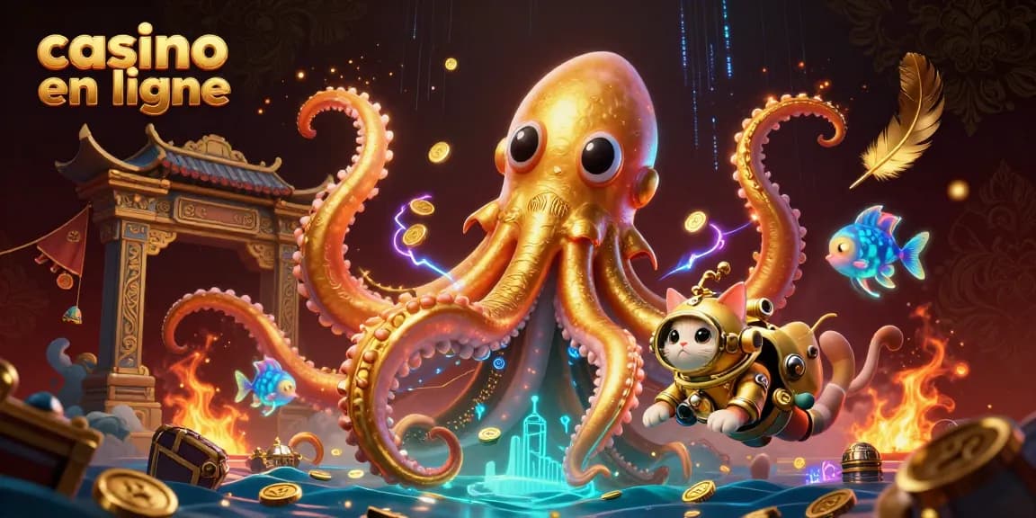 Illustration d'un kraken doré pour le casino en ligne avec un chat plongeant et des poissons luminescents.
