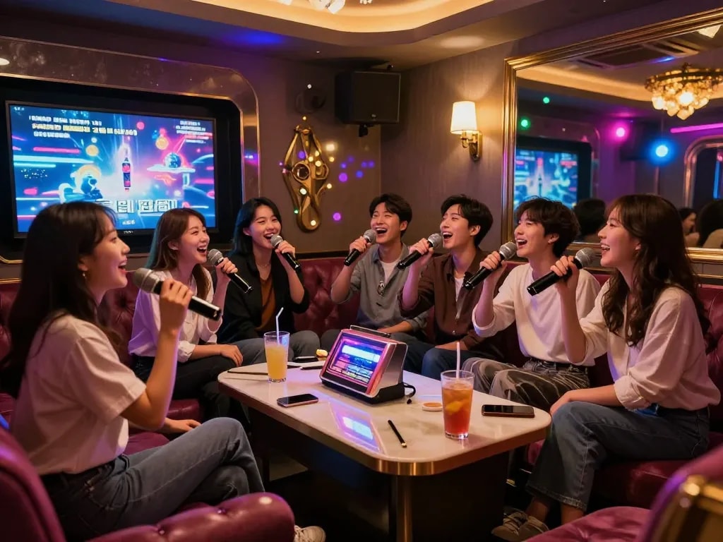 Jeju nightlife experience at karaoke highlighting 제주도유흥 with friends enjoying drinks and music.