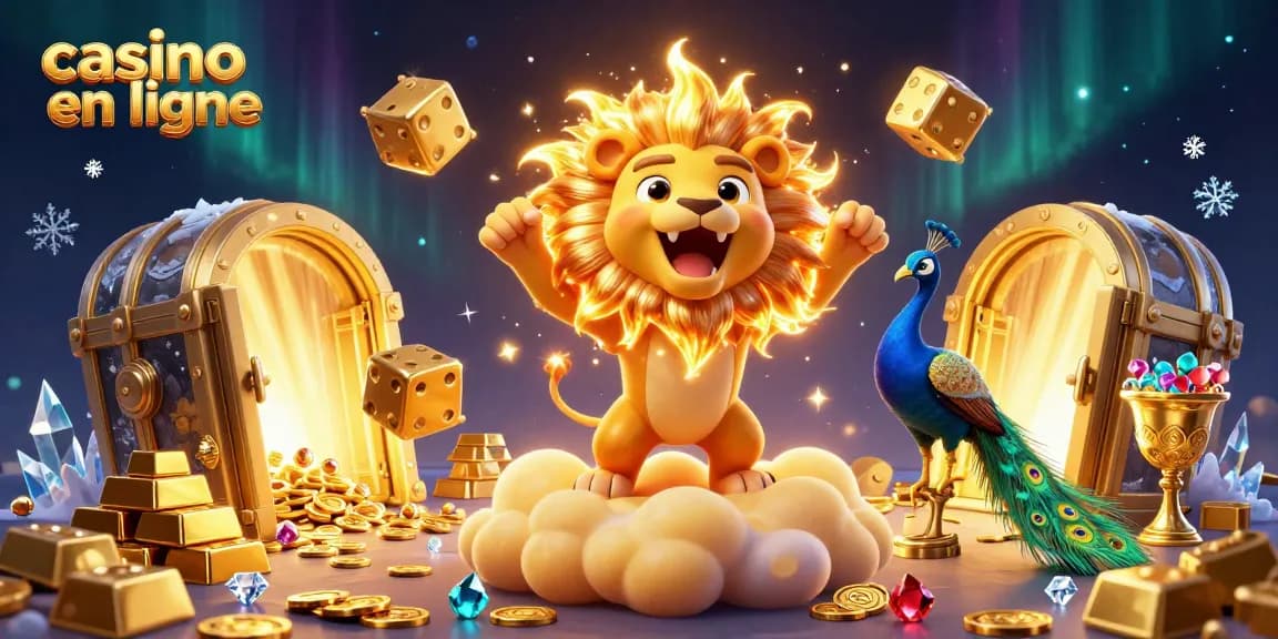 Illustration dynamique de jeu en ligne avec casino en ligne, lion au soleil et trésor d'or.