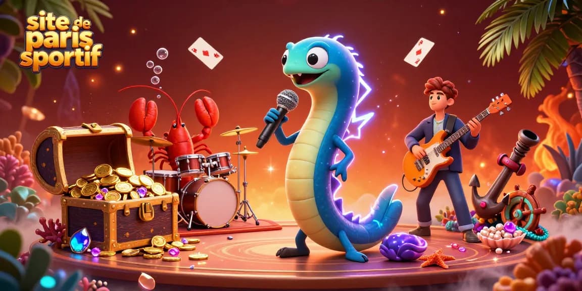 Les personnages animés œuvrent dans un site de paris sportif sous-marin, captivant les joueurs avec des effets colorés.