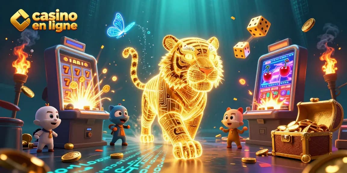 Plongez dans l'univers du casino en ligne avec un tigre lumineux et des éléments de jeu captivants.