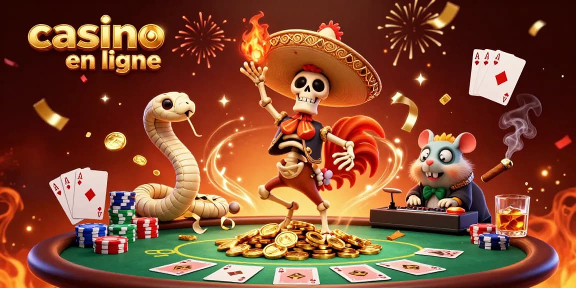 Les personnages de casino en ligne célèbrent au milieu de pièces dorées et de jetons de poker colorés.