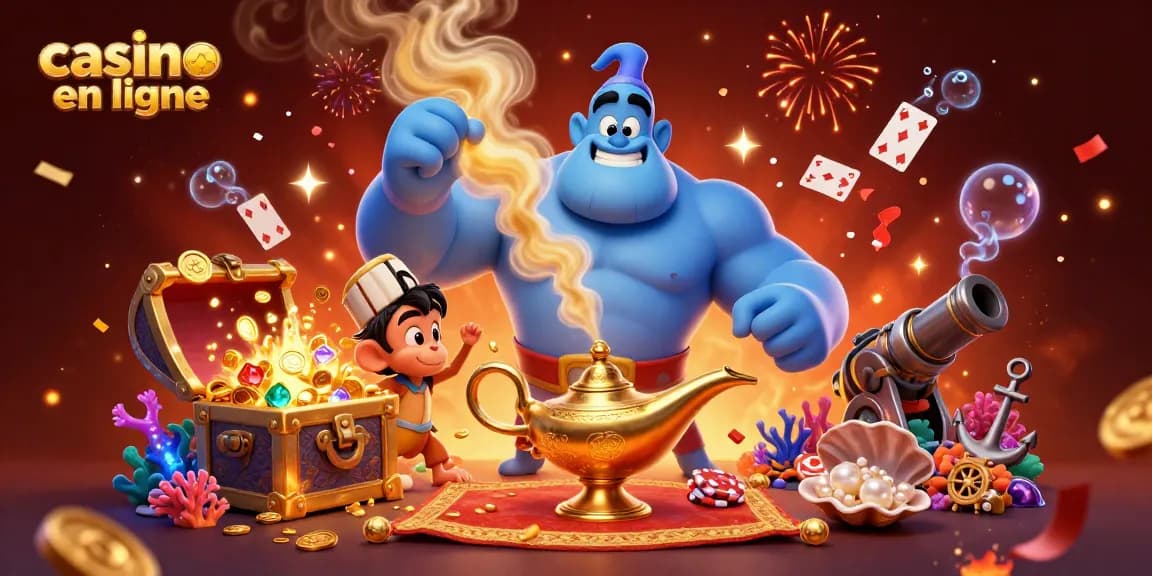Jouez au casino en ligne avec une illustration captivante de jeux et de personnages colorés.