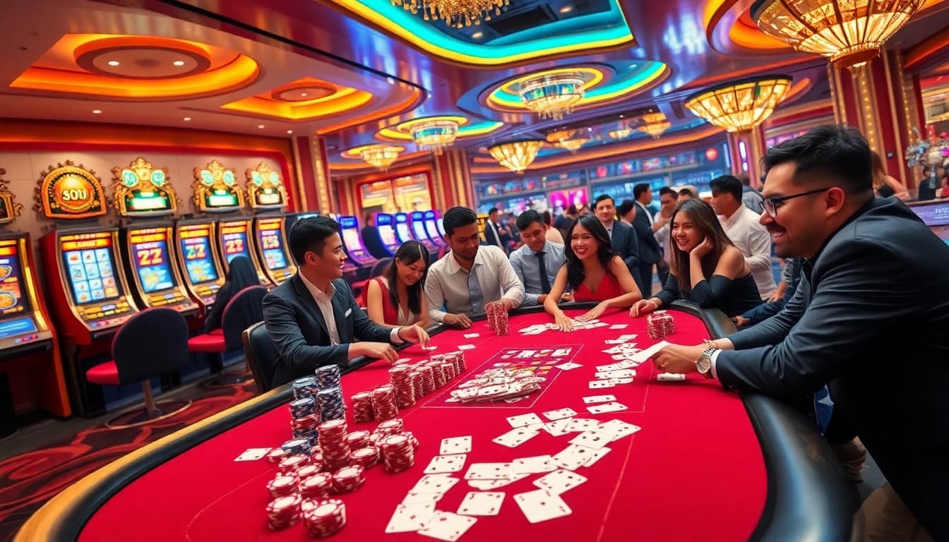 RR88 casino scene featuring luxurious poker gameplay with vibrant lights and engaging slot machines.