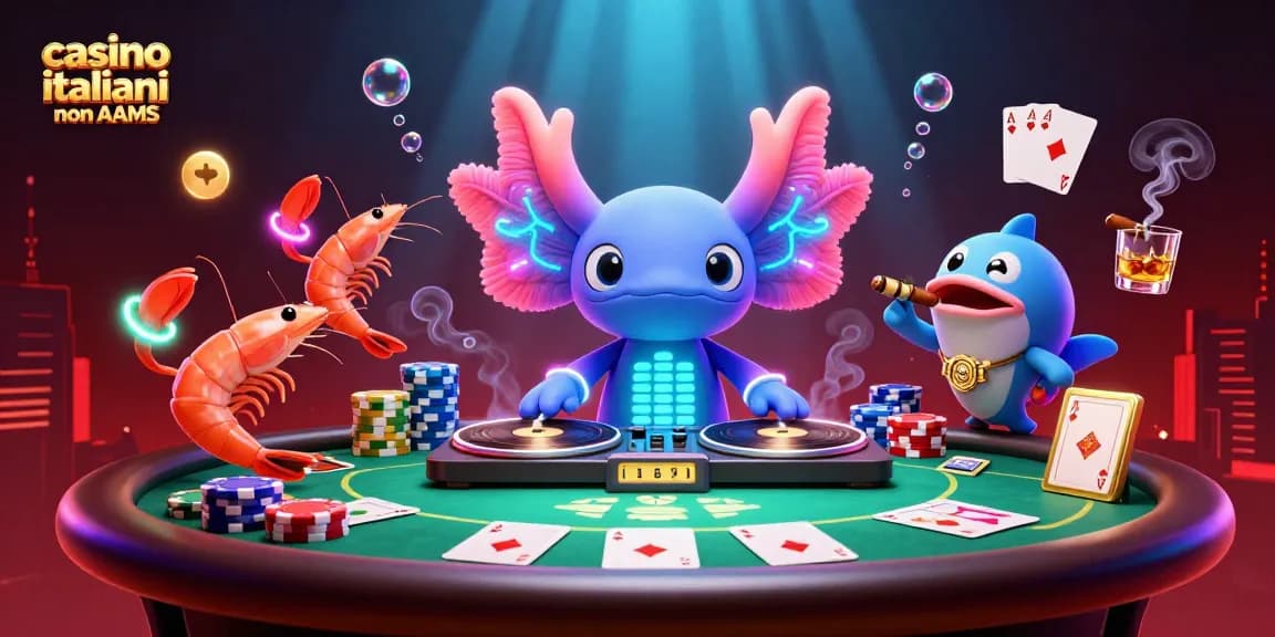 Giocare nei migliori casino italiani non AAMS con un'illustrazione vivace di un DJ e personaggi marini.