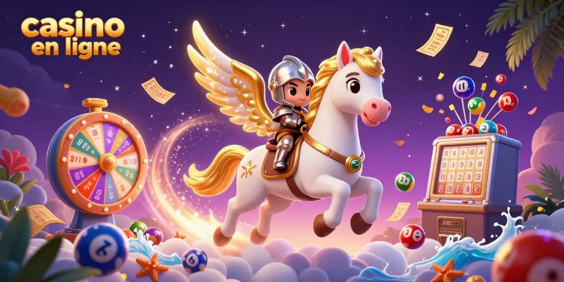 Découvrez un monde captivant de casino en ligne avec une illustration vibrante montrant un cheval céleste et un chevalier.