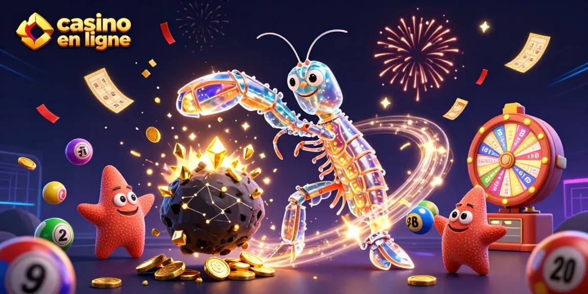 Illustration de casino en ligne avec un samouraï galactique et une étoile de mer, entourés de boules de loterie et de confettis.