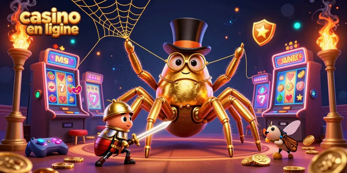 Visualisez le casino en ligne avec une scène captivante : une tarentule en or, un chevalier scarabée et des machines à sous.
