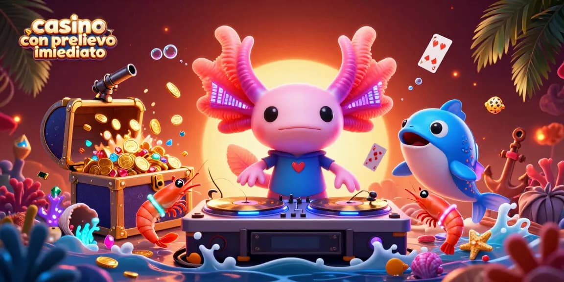 Casinò con prelievo immediato: Illustrazione 3D di un DJ axolotl neon con dettagli vibranti e simboli del gioco sottomarino