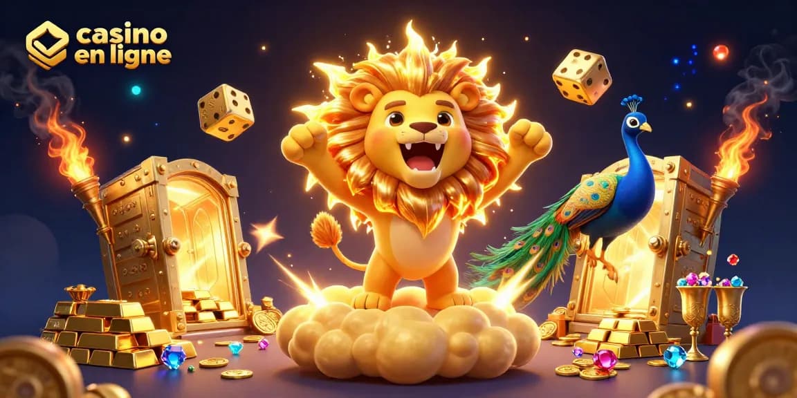 Découvrez le casino en ligne avec un lion cracheur de feu et des dés d'or scintillants.