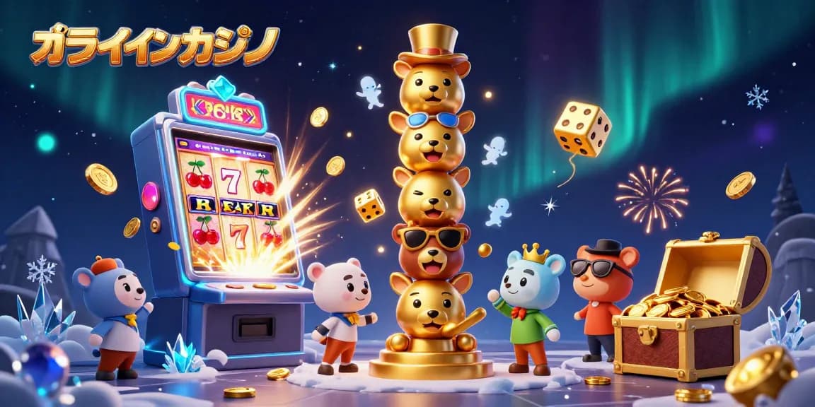 オンラインカジノでのスロットマシンのジャックポットと金色のトーテムポールが描かれた楽しいシーン