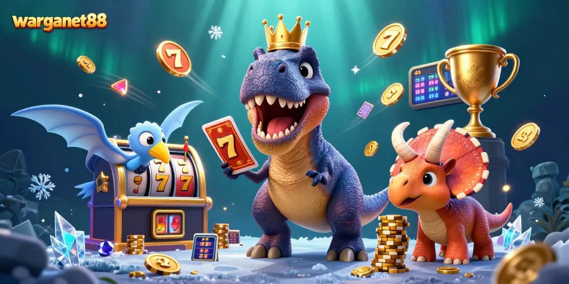 Experience the excitement of warganet88 with a cartoon T-Rex, assisting pterodactyl, and stacked chips.