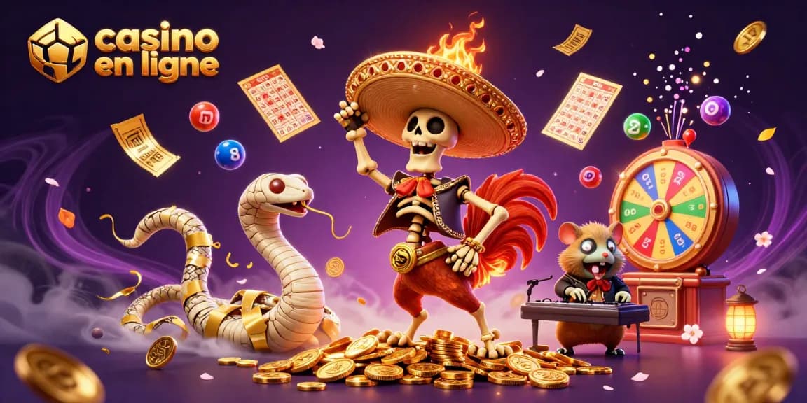 Émerveillez-vous devant notre scène de casino en ligne avec un rooster mariachi dansant et des balles de loterie colorées.