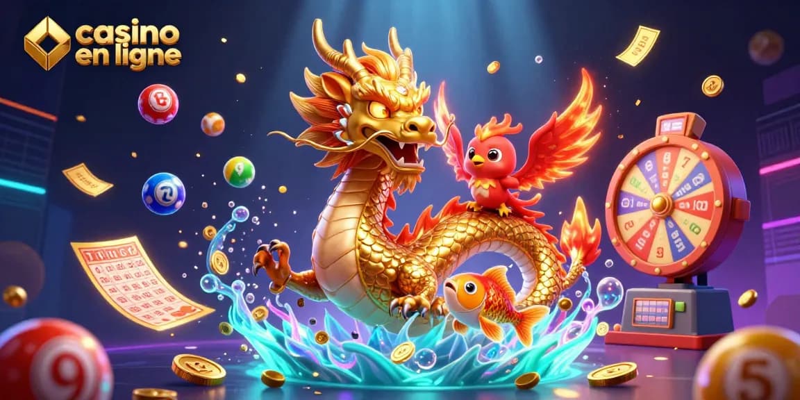 Illustration dynamique de casino en ligne avec dragon, phénix et poisson chanceux