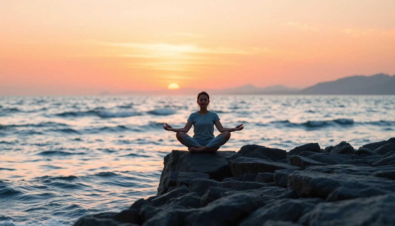 Meditating person on rocky shoreline symbolizes life in a break down and mental wellness.