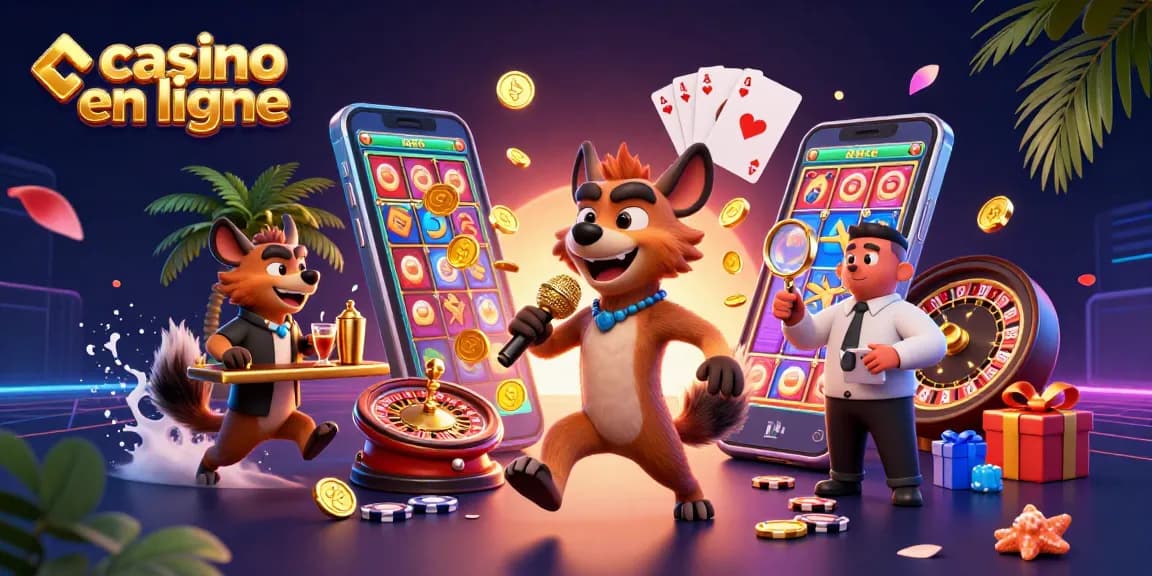 Animation de hyènes dans un club de casino en ligne avec des jeux colorés et des éclats d'or.