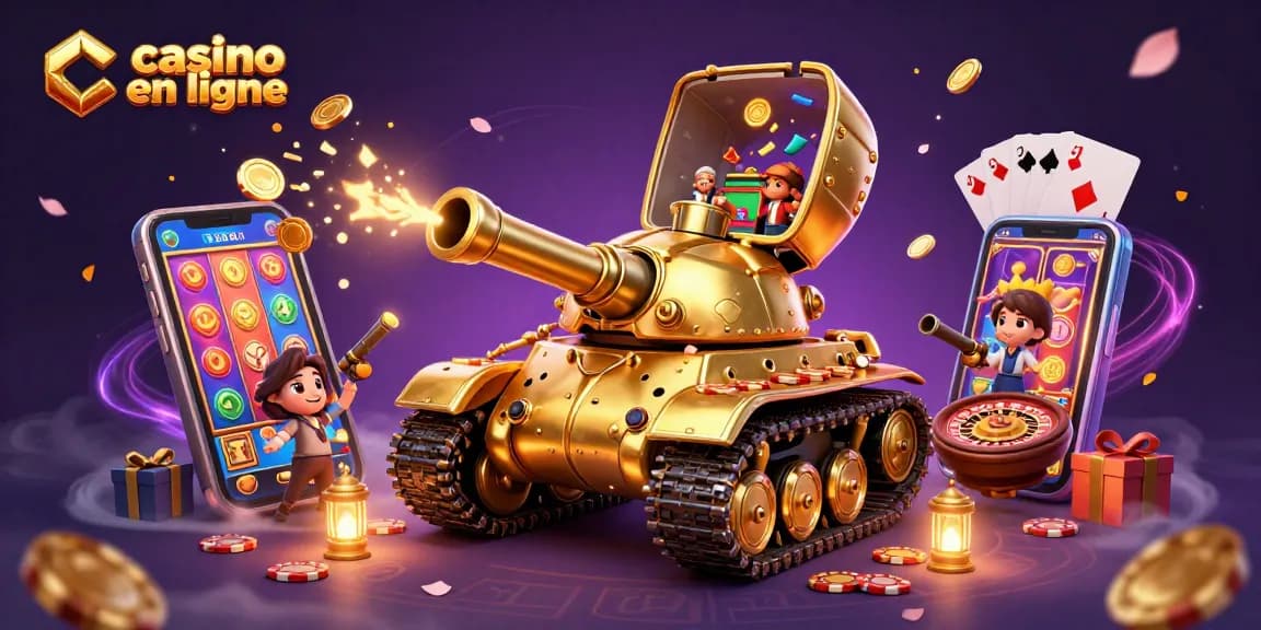 Visualisez le casino en ligne dans un tank doré captivant, émettant des pièces et des confettis.