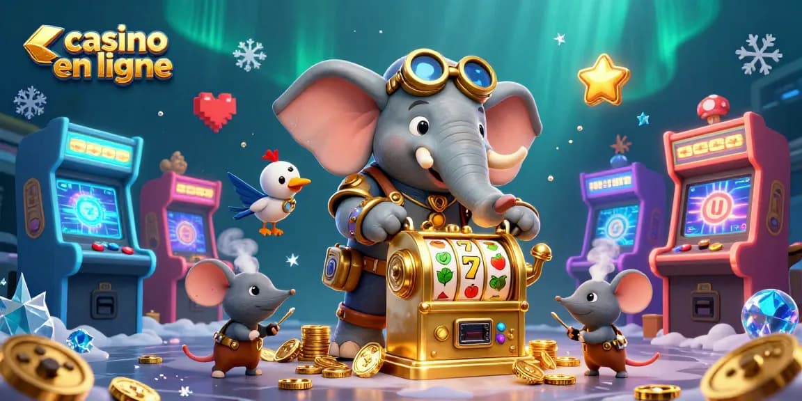 Les éléments distinctifs du casino en ligne, avec un éléphant steampunk jouant aux machines à sous animées.