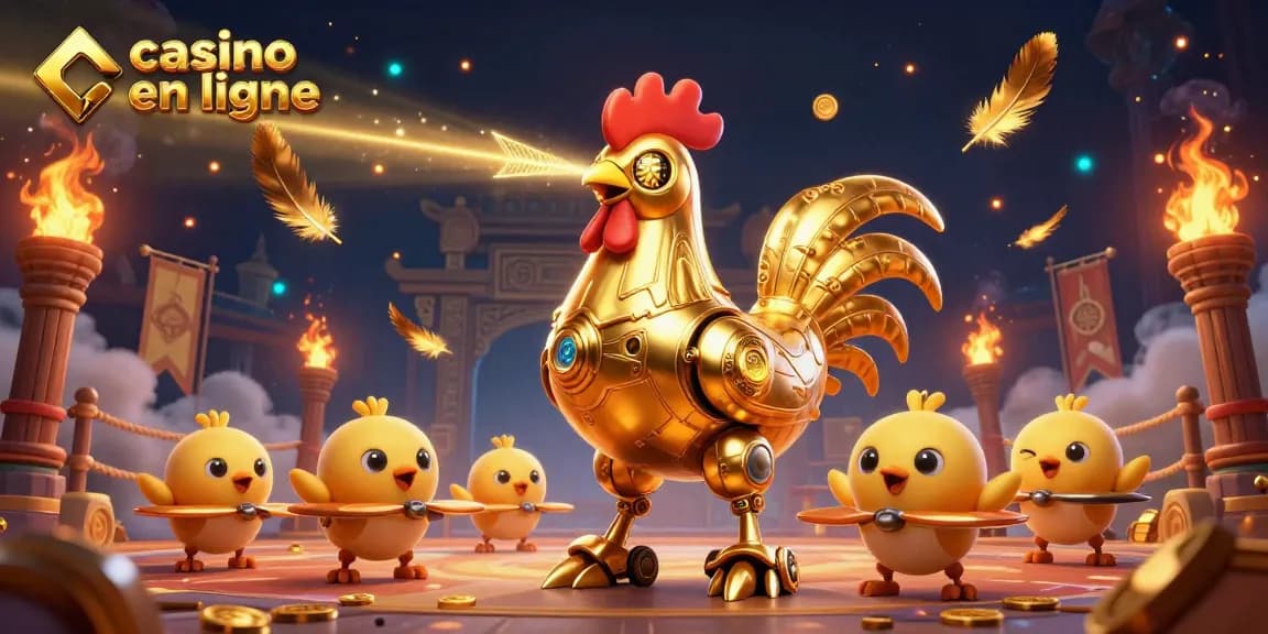 Jouez au casino en ligne avec un robot coq doré laser et des drones poussins, plein de pièces et de feux.