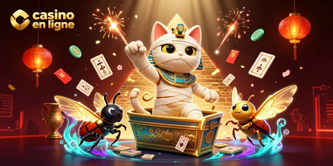 Découvrez une scène vibrante de casino en ligne avec un chat momie égyptien et des éléments de jeu fascinants.