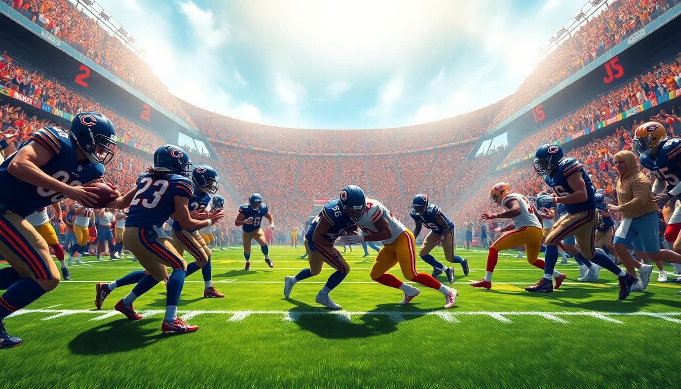Action-packed scene of bears vs 49ers football match with intense players and cheering fans.