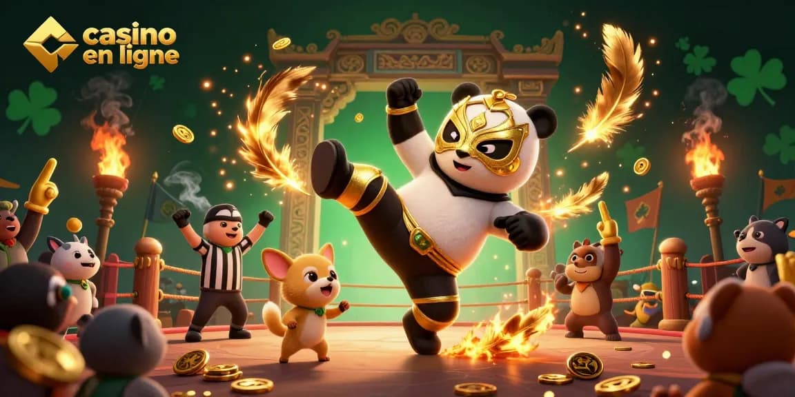 Un mouvement dynamique de panda lutteur dans un casino en ligne avec des spectateurs animaux enthousiastes
