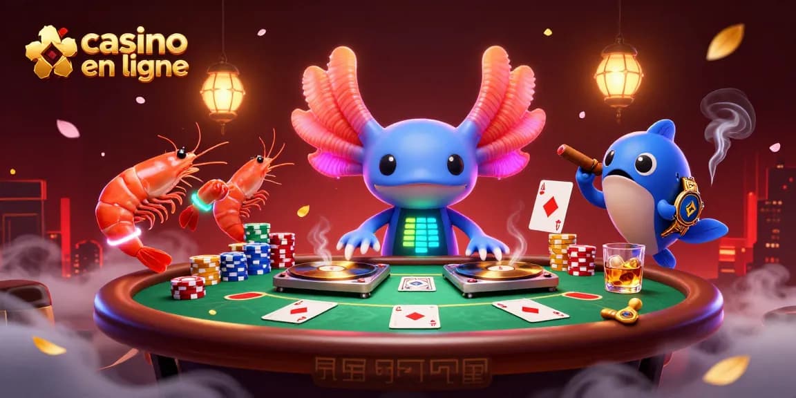 Animation dynamique de jeux de casino en ligne avec un DJ axolotl et des crevettes dansantes.