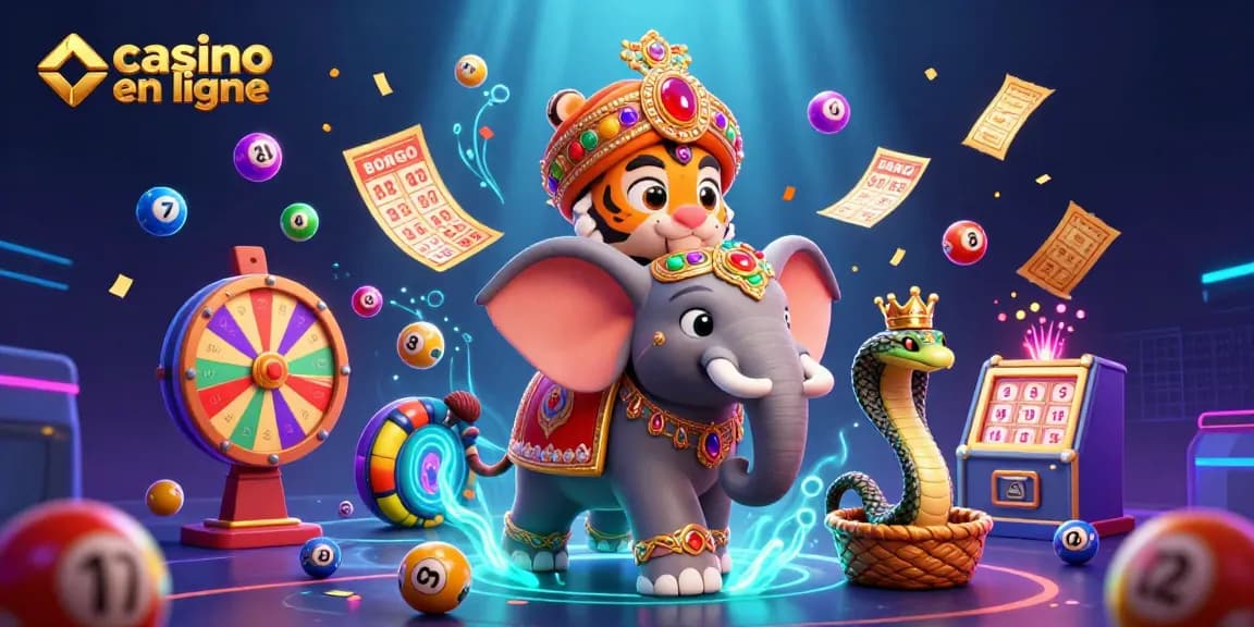 Image dynamique de l'illustration 3D d'un maharaja et son éléphant pour casino en ligne, avec des éléments de loterie colorés.