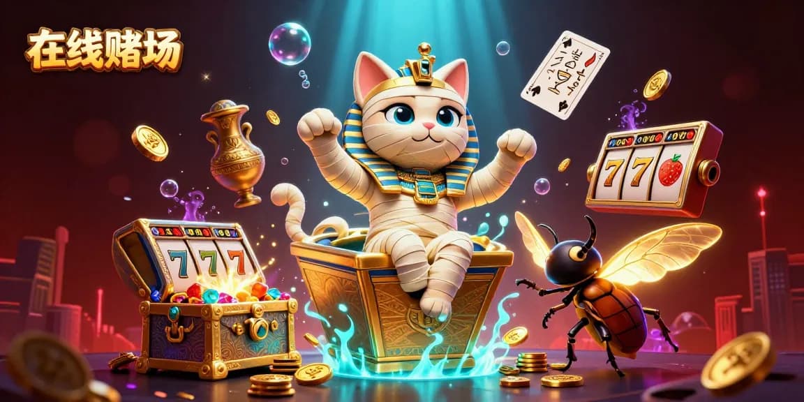 在这幅图中,在线赌场的埃及木乃伊猫和金色小甲虫彰显着热烈的氛围,游戏的刺激感扑面而来。