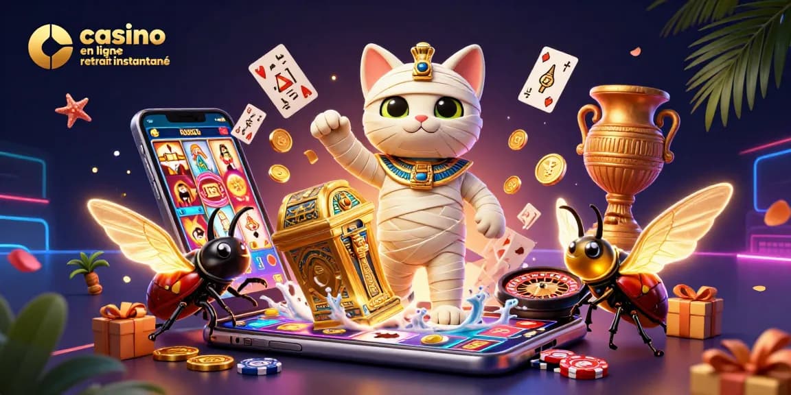 Le casino en ligne retrait instantané permet aux joueurs de gagner rapidement, illustré par un chat momie égyptienne.